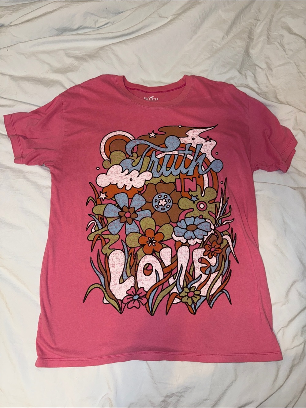 Hollister Hot Pink Retro Floral 'Truth in Love' Graphic Tee